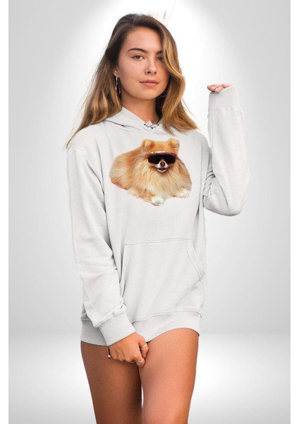 Pomernian Köpek Kadın Erkek Beyaz Kapüşonlu Sweatshirt Hoodie
