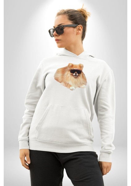 Pomernian Köpek Kadın Erkek Beyaz Kapüşonlu Sweatshirt Hoodie