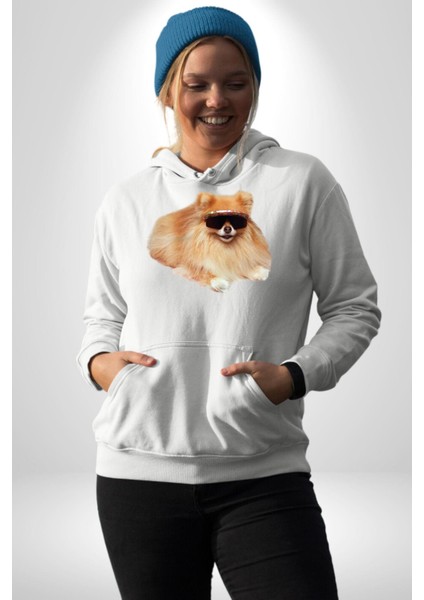Pomernian Köpek Kadın Erkek Beyaz Kapüşonlu Sweatshirt Hoodie