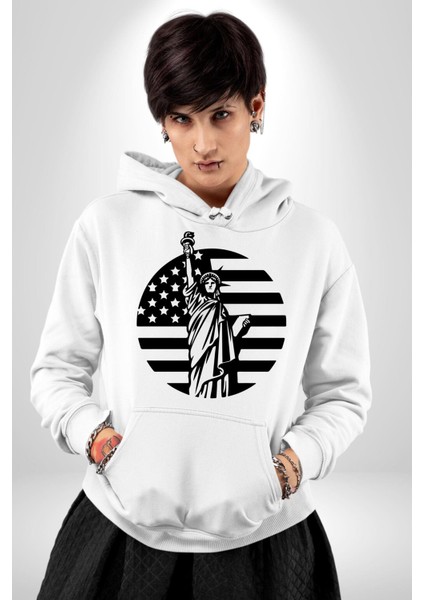 Özgürlük Anıtı ve Amerikan Bayrağı Silüeti Kadın Erkek  Beyaz Kapüşonlu Sweatshirt Hoodie