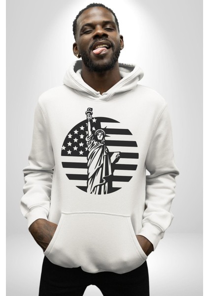 Özgürlük Anıtı ve Amerikan Bayrağı Silüeti Kadın Erkek  Beyaz Kapüşonlu Sweatshirt Hoodie