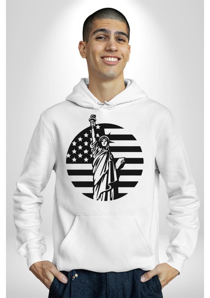 Özgürlük Anıtı ve Amerikan Bayrağı Silüeti Kadın Erkek  Beyaz Kapüşonlu Sweatshirt Hoodie