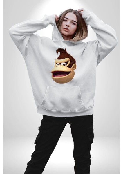Maymun Krallığı Kadın Erkek Beyaz Kapüşonlu Sweatshirt Hoodie fırsatları