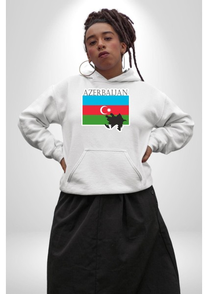 Azerbeycan Bayrak Ülke Kadın Erkek Beyaz Kapüşonlu Sweatshirt Hoodie