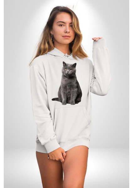 British Shorthair Kedi Kadın Erkek Beyaz Kapüşonlu Sweatshirt Hoodie indirimleri