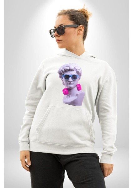 Kulaklık Gözlük Pop Art Heykel Kadın Erkek Beyaz Kapüşonlu Sweatshirt Hoodie