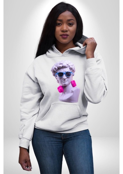 Kulaklık Gözlük Pop Art Heykel Kadın Erkek Beyaz Kapüşonlu Sweatshirt Hoodie modelleri