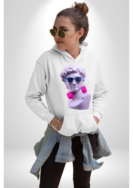 Kulaklık Gözlük Pop Art Heykel Kadın Erkek Beyaz Kapüşonlu Sweatshirt Hoodie fırsatları