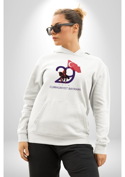 29 Ekim Cumhuriyet Bayramı Atatürk Türk Bayrağı Kadın Erkek Beyaz Kapüşonlu Sweatshirt Hoodie