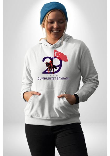 29 Ekim Cumhuriyet Bayramı Atatürk Türk Bayrağı Kadın Erkek Beyaz Kapüşonlu Sweatshirt Hoodie