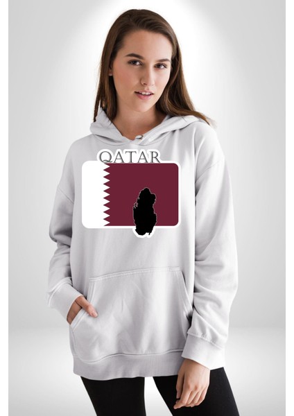 Katar Bayrağı Kadın Erkek Beyaz Kapüşonlu Sweatshirt Hoodie