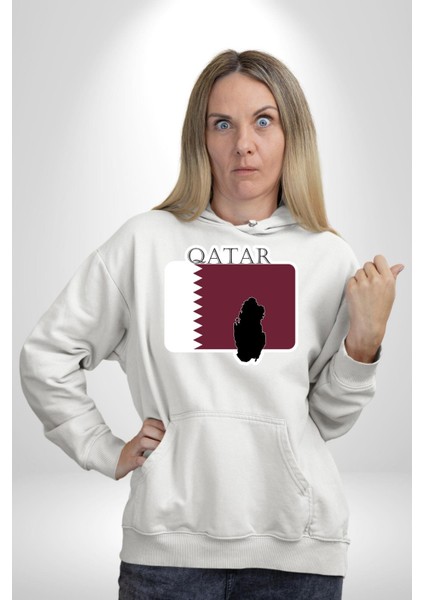 Katar Bayrağı Kadın Erkek Beyaz Kapüşonlu Sweatshirt Hoodie