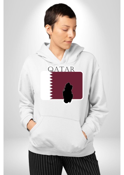 Katar Bayrağı Kadın Erkek Beyaz Kapüşonlu Sweatshirt Hoodie