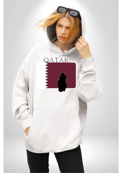 Katar Bayrağı Kadın Erkek Beyaz Kapüşonlu Sweatshirt Hoodie