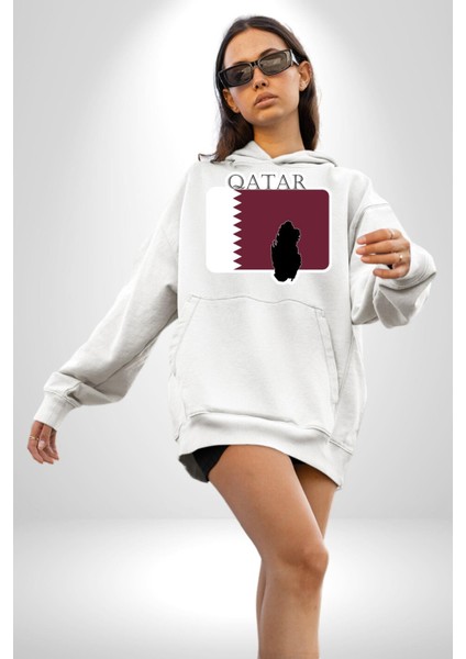 Katar Bayrağı Kadın Erkek Beyaz Kapüşonlu Sweatshirt Hoodie