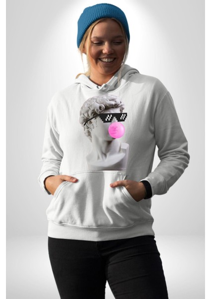 Gözlüklü David'in Kafasının Alçı Heykeli Kadın Erkek Beyaz Kapüşonlu Sweatshirt Hoodie