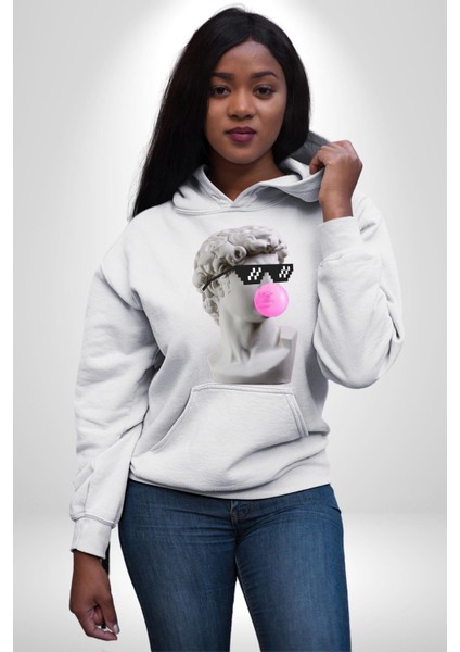 Gözlüklü David'in Kafasının Alçı Heykeli Kadın Erkek Beyaz Kapüşonlu Sweatshirt Hoodie
