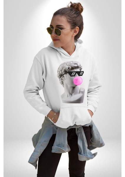 Gözlüklü David'in Kafasının Alçı Heykeli Kadın Erkek Beyaz Kapüşonlu Sweatshirt Hoodie