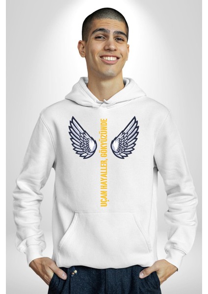 Uçan Hayaller Gökyüzünde Melek Kanatları Kadın Erkek Beyaz Kapüşonlu Sweatshirt Hoodie
