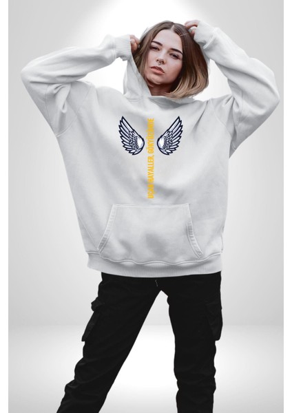 Uçan Hayaller Gökyüzünde Melek Kanatları Kadın Erkek Beyaz Kapüşonlu Sweatshirt Hoodie fiyatları