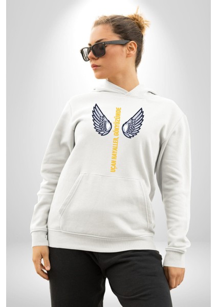 Uçan Hayaller Gökyüzünde Melek Kanatları Kadın Erkek Beyaz Kapüşonlu Sweatshirt Hoodie fırsatları