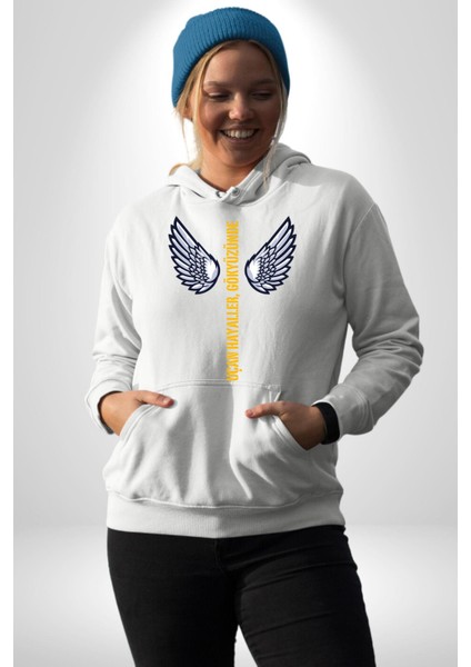 Uçan Hayaller Gökyüzünde Melek Kanatları Kadın Erkek Beyaz Kapüşonlu Sweatshirt Hoodie indirimleri