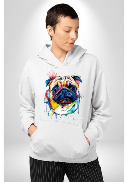 Sulu Boya Pug Köpek Kadın Erkek Beyaz Kapüşonlu Sweatshirt Hoodie