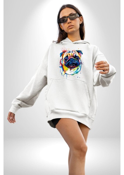 Sulu Boya Pug Köpek Kadın Erkek Beyaz Kapüşonlu Sweatshirt Hoodie modelleri