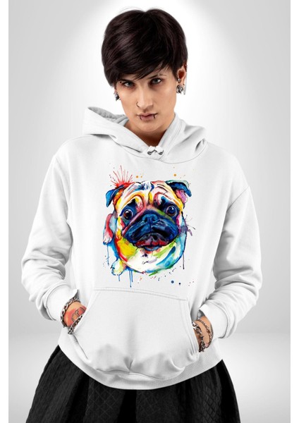 Sulu Boya Pug Köpek Kadın Erkek Beyaz Kapüşonlu Sweatshirt Hoodie fırsatları