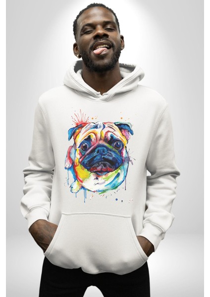 Sulu Boya Pug Köpek Kadın Erkek Beyaz Kapüşonlu Sweatshirt Hoodie indirimleri
