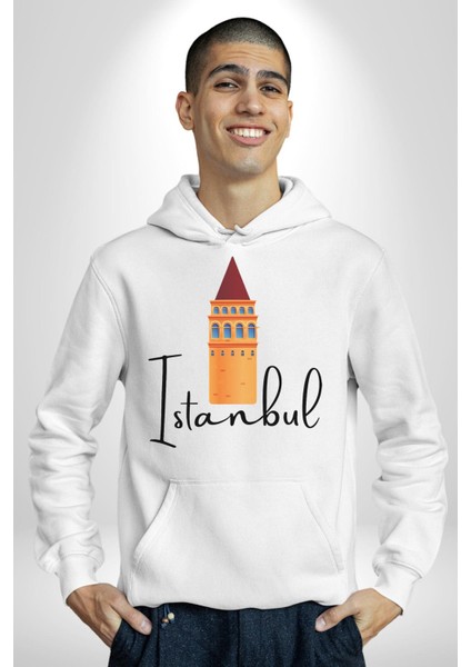 Istanbul Galata Kulesi Kadın Erkek Beyaz Kapüşonlu Sweatshirt Hoodie