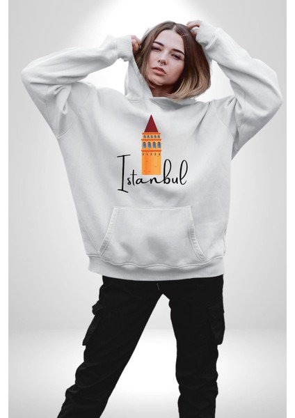 Istanbul Galata Kulesi Kadın Erkek Beyaz Kapüşonlu Sweatshirt Hoodie