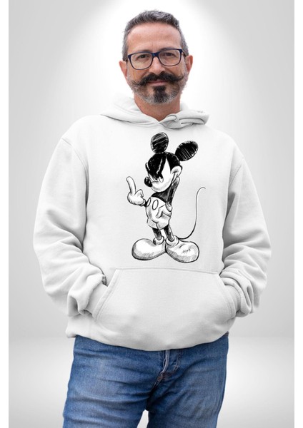 Sinirli Mickey  Kadın Erkek  Beyaz Kapüşonlu Sweatshirt Hoodie