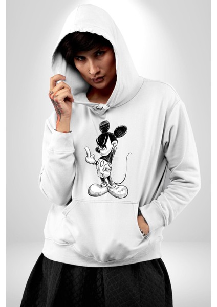 Sinirli Mickey  Kadın Erkek  Beyaz Kapüşonlu Sweatshirt Hoodie