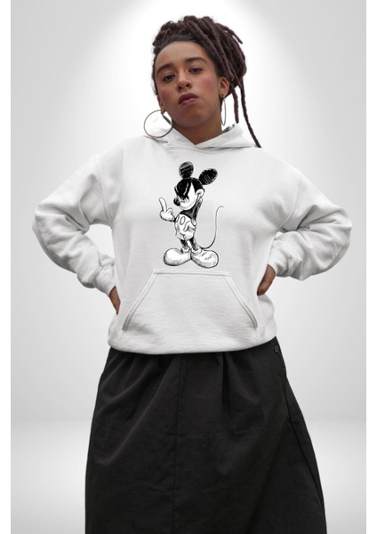 Sinirli Mickey  Kadın Erkek  Beyaz Kapüşonlu Sweatshirt Hoodie