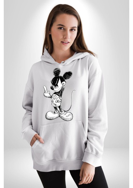 Sinirli Mickey  Kadın Erkek  Beyaz Kapüşonlu Sweatshirt Hoodie