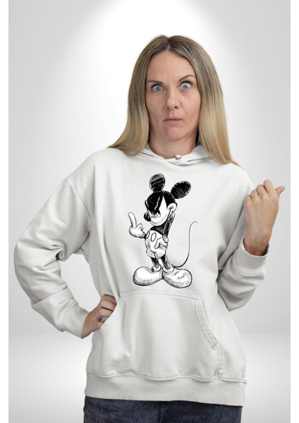 Sinirli Mickey  Kadın Erkek  Beyaz Kapüşonlu Sweatshirt Hoodie