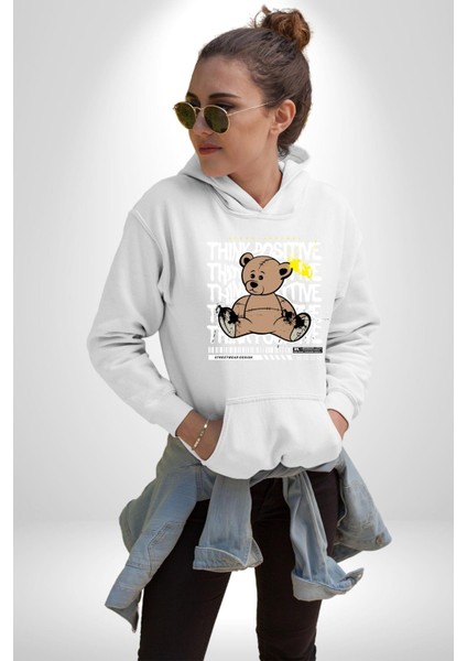 Positive Düşünce Kadın Erkek Beyaz Kapüşonlu Sweatshirt Hoodie