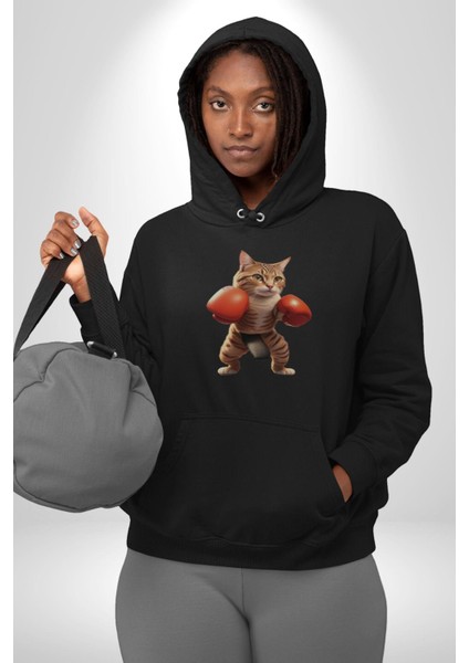 Boks Yapan Kedi Kadın Erkek Siyah Kapüşonlu Sweatshirt Hoodie