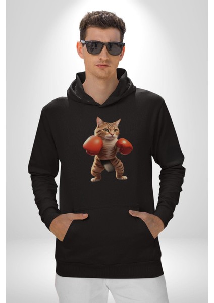Boks Yapan Kedi Kadın Erkek Siyah Kapüşonlu Sweatshirt Hoodie fiyatları