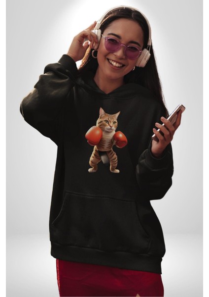 Boks Yapan Kedi Kadın Erkek Siyah Kapüşonlu Sweatshirt Hoodie modelleri