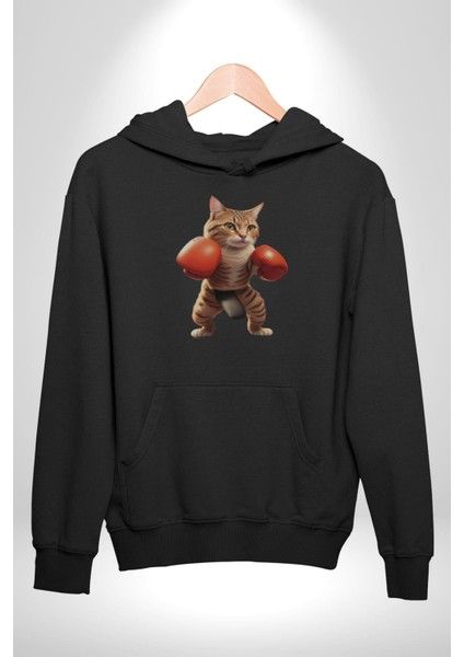 Boks Yapan Kedi Kadın Erkek Siyah Kapüşonlu Sweatshirt Hoodie indirimleri