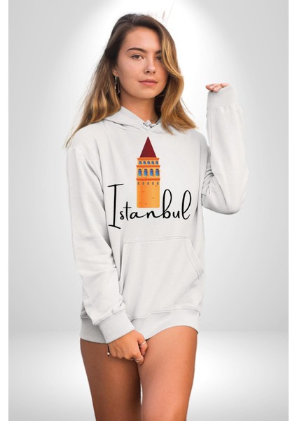 Istanbul Galata Kulesi Kadın Erkek Beyaz Kapüşonlu Sweatshirt Hoodie