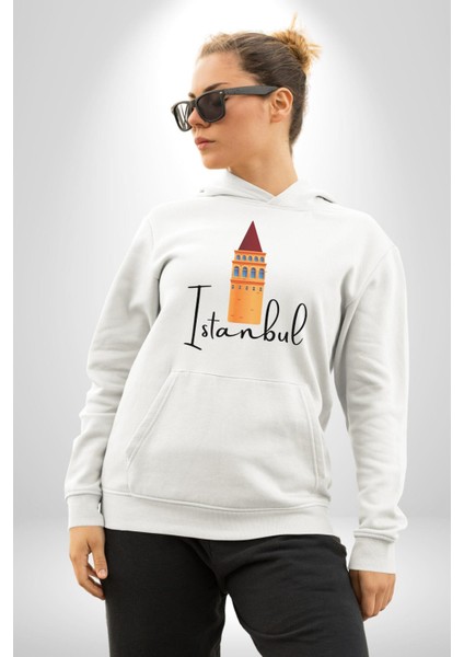 Istanbul Galata Kulesi Kadın Erkek Beyaz Kapüşonlu Sweatshirt Hoodie