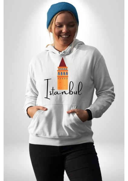 Istanbul Galata Kulesi Kadın Erkek Beyaz Kapüşonlu Sweatshirt Hoodie