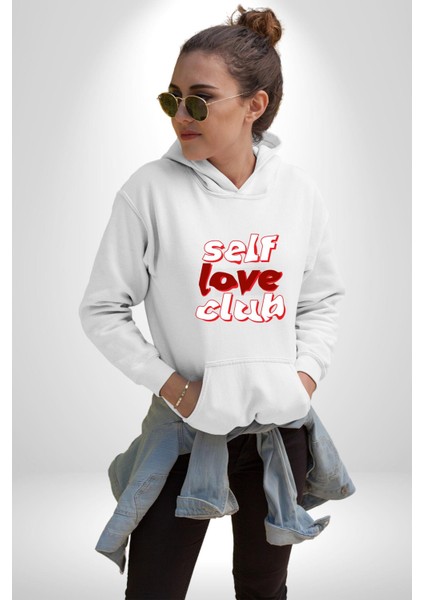 Kendini Sevme Kulübü Sokak Stili Kadın Erkek Beyaz Kapüşonlu Sweatshirt Hoodie indirimleri
