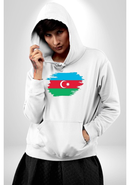 Azerbeycan Bayrağı Kadın Erkek Beyaz Kapüşonlu Sweatshirt Hoodie