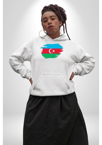 Azerbeycan Bayrağı Kadın Erkek Beyaz Kapüşonlu Sweatshirt Hoodie fiyatları