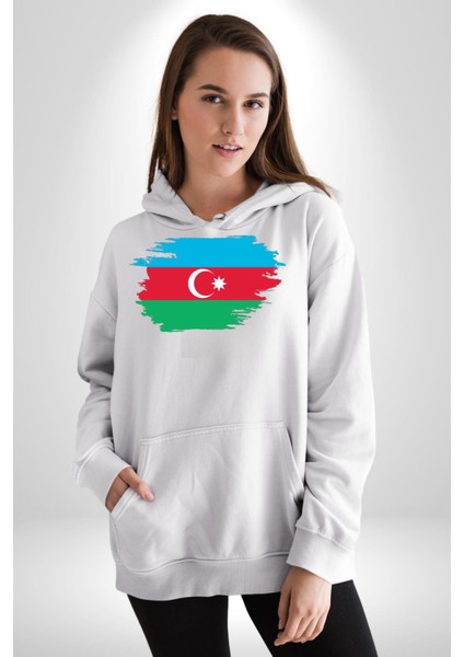 Azerbeycan Bayrağı Kadın Erkek Beyaz Kapüşonlu Sweatshirt Hoodie modelleri