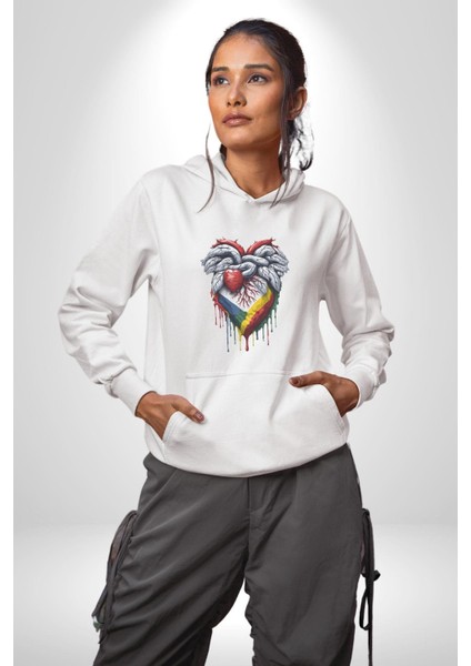 Kalp Damar Renkli Boyalı Kadın Erkek Beyaz Kapüşonlu Sweatshirt Hoodie